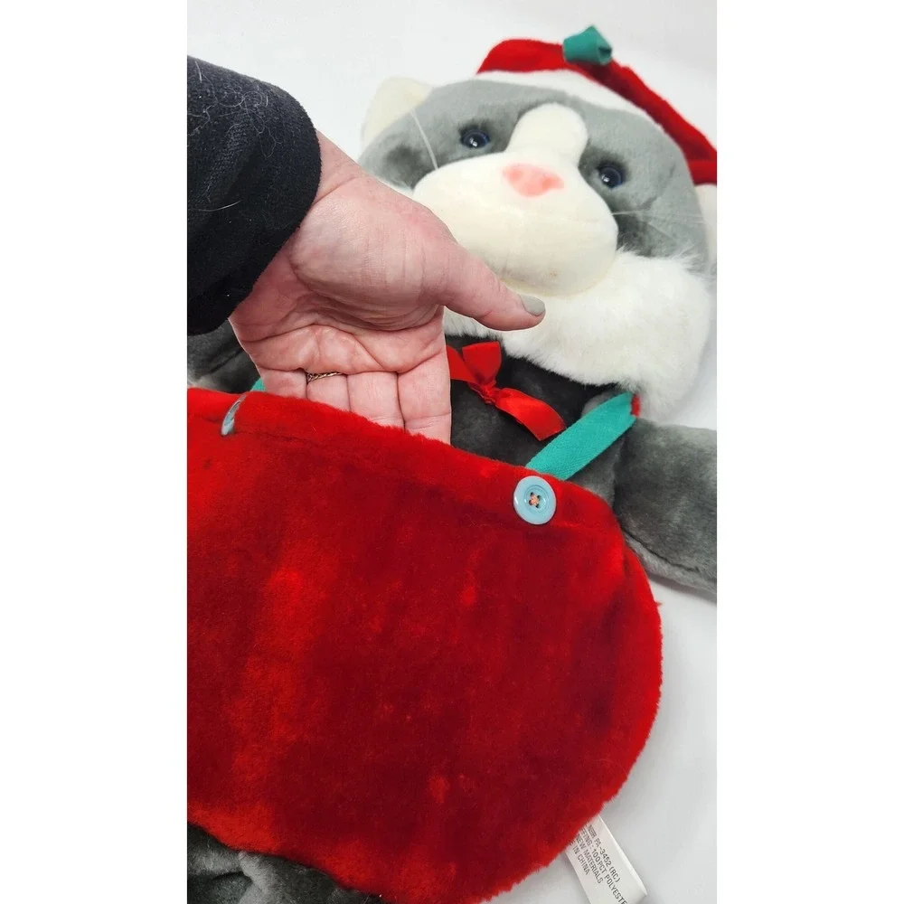 Vtg Cat Stocking Grey Kitty Santa‎ Hat Bib Overalls Velvet Flocked Nose Kitten